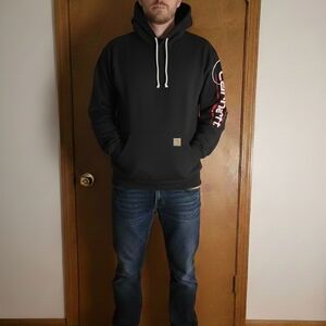 Carhartt Charcoal Hoodie with Red Sleeve Detail